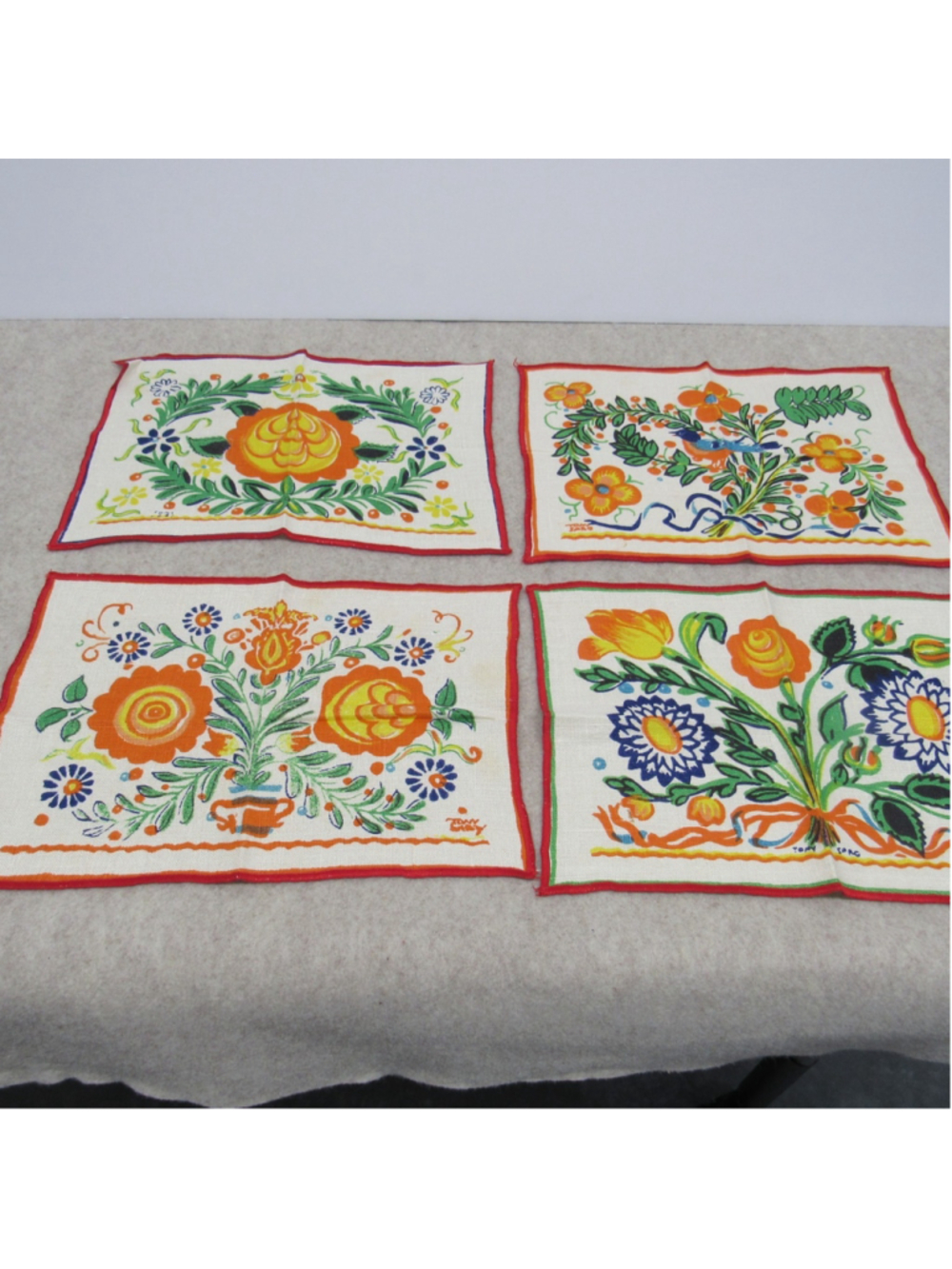 Vintage Tony Sarg MCM Folk Art Floral Linen Cocktail Napkin Placemats Set of 4